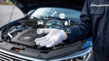 Modern vehicle maintenance concept represented by a mechanic and car engine