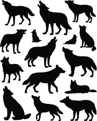 Silhouettes of wolves in various poses, wild animal shapes, wolf pack illustration, nature wildlife, forest predators, animal behavior, wild canines