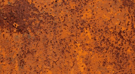 Closeup of a rusty metal surface The color is orange and brown The surface has a rough texture with peeling paint and holes