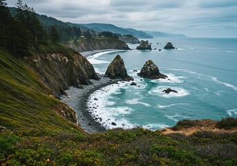 Obraz premium A dramatic view of a rugged coastline with towering sea stacks and green cliffs under a cloudy sky.