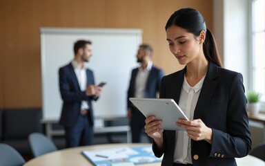 Fototapeta premium Selective focus on businesswoman with tablet following seminar at boardroom. High quality