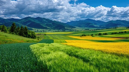 Obraz premium Agricultural growth showing benefits of healthy soil concept. Vibrant landscape showcasing rolling hills and colorful fields.