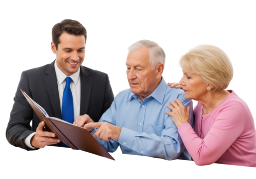 Financial advisor consulting elderly couple, man pointing at folder documents on wooden table, white background, studio light. Concept of financial retirement planning