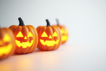Row of glowing jack o lanterns on a white background for halloween night