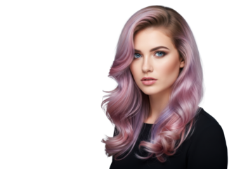 Young caucasian woman with long glossy pastel pink and purple waves, blue eyes, serious confident expression, elegant black top, soft studio light on neutral gray background, concept of modern beauty