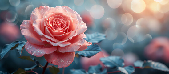 Dewy pink rose blooms in garden, bokeh background
