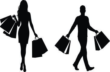 Silhouette of stylish shoppers walking with shopping bags, fashion retail concept, consumer lifestyle, black vector art on white background