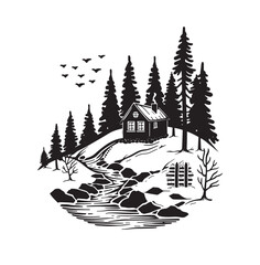 Obraz premium mountain cabin silhouette vector illustration 