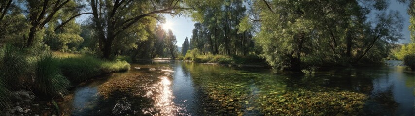 Serene nature reflection riverbank hdr panorama lush green environment eye-level viewpoint tranquil concepts