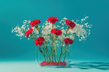 A vibrant arrangement of red and white carnations in a geometric glass vase against a teal backdrop.