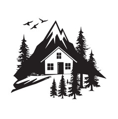 mountain cabin silhouette vector illustration 