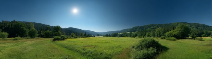 Fototapeta premium Panoramic hdr landscape view of lush green fields and serene hills nature photography daytime vibrant colors peaceful environment