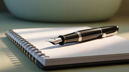 Ink Pen and Notepad: A sophisticated ink pen rests gracefully upon a pristine notepad, composing a serene image of creativity, journaling and professional. An artful moment for writing ideas
