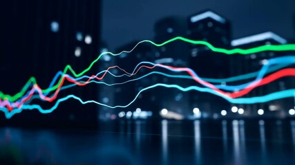 Nighttime cityscape with vibrant data visualization lines representing market trends and activity - Powered by Adobe