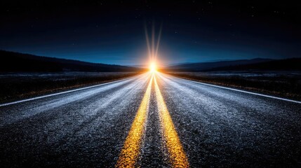 Asphalt road symbolism with upward long direction concept. A stunning night view of a long road illuminated by headlights.