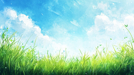 Obraz premium Lush green grass under a bright blue sky with fluffy white clouds a peaceful summer scene