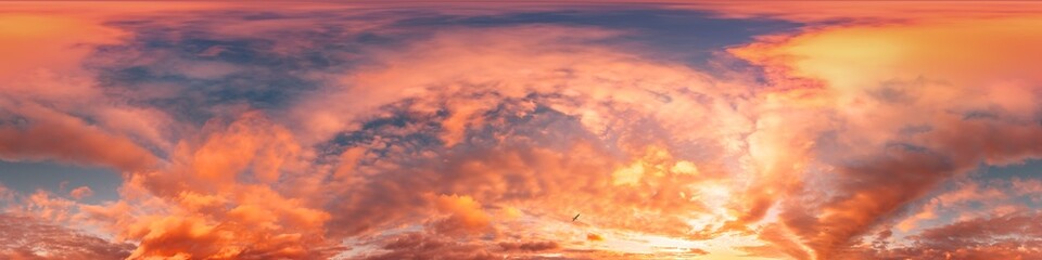Sunset sky panorama with bright glowing pink Cirrus clouds. HDR 360 seamless spherical panorama. Full zenith or sky dome in 3D, sky replacement for aerial drone panoramas. Climate and weather change.