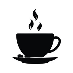 A steaming cup of coffee resting on a saucer with coffee beans, coffee cup with beans silhouette vector illustration