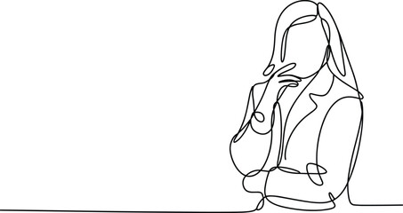 Minimalist line art of thoughtful businesswoman, modern female portrait, professional woman thinking, abstract continuous line drawing, confident leader, creativity, stylish, elegant, simple design, 