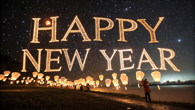 Floating glowing lanterns in the sky arranged to spell happy new year in night celebration