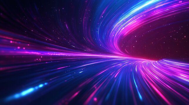 Abstract futuristic background with light speed lines in dark blue and purple, high resolution tech design