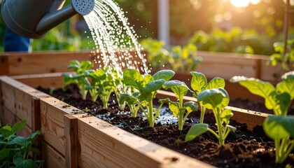 Watering the vegetable garden in the sunlight using a watering can for fresh produce