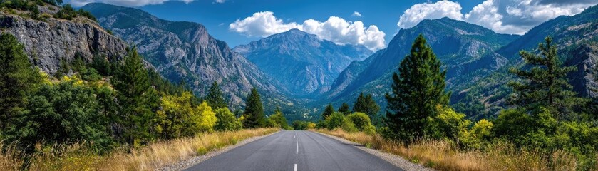 Fototapeta premium Asphalt road symbolism with upward long direction concept. Scenic mountain view along a serene highway under a blue sky.