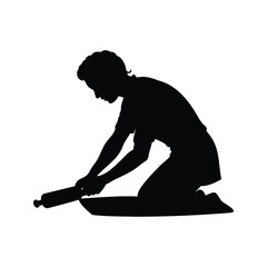 Obraz premium Silhouette of person on knees using a rolling pin, isolated on white, person rolling dough silhouette vector illustration