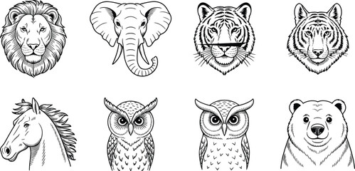 Detailed black and white animal head illustrations including lion, elephant, tiger, horse, owl, and bear, perfect for wildlife designs, logos, tattoos, education, and nature themes