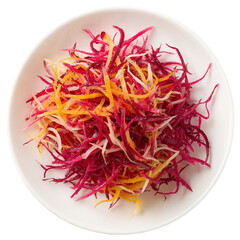 Fototapeta premium bit root salad. Shredded red, yellow, and white vegetables in white bowl. dish highlights fresh ingredients, vibrant colors, and culinary simplicity. healthy eating, food presentations. pngi