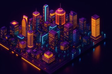 Obraz premium ネオンライトで光る未来的なアイソメトリックシティの3Dレンダリング