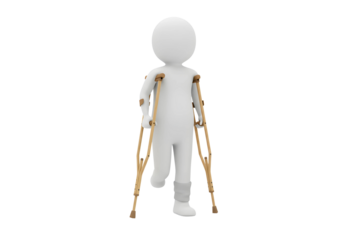 White 3d man figure walking with crutches isolated on transparent background
