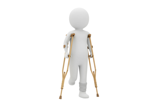 White 3d man figure walking with crutches isolated on transparent background
