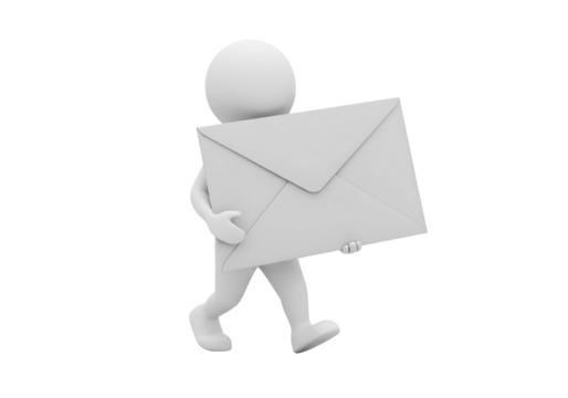 3d white man character carrying a large envelope isolated on transparent background