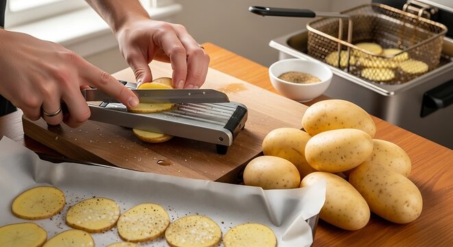 Preparing crispy potato chips with chili and herb seasoning