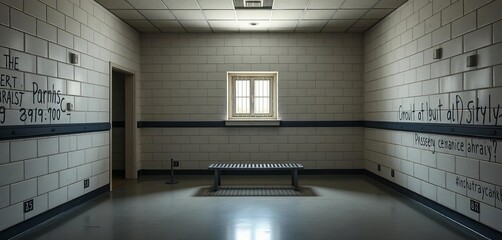 Stark, bare detention room; metal bench, single window, harsh lighting,  official,  immigration