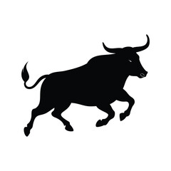 Powerful black bull silhouette charging forward with strength and determination on white, bull running silhouette vector illustration