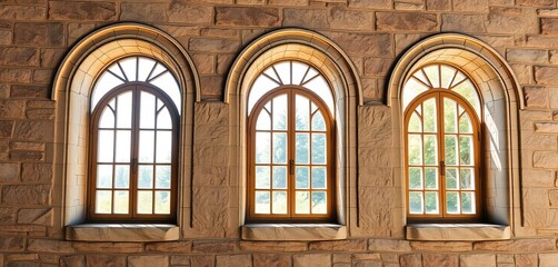 Obraz premium Three elegant arched windows in a weathered stone wall, sunlight streaming through, weathered, home