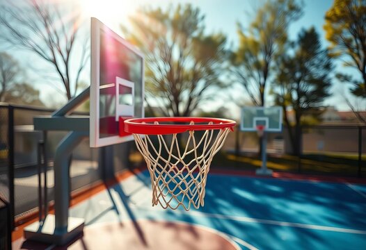 Sun-drenched outdoor basketball court, hoop in focus,   outdoor recreation,   sporting goods - Powered by Adobe