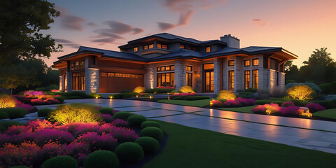 Elegant modern home with illuminated doorway and vibrant garden