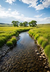 Obraz premium Idyllic pastoral landscape with pristine river flowing through grassy meadows
