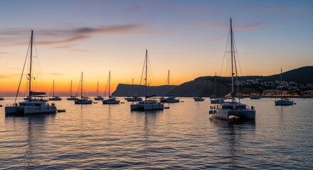 Fototapeta premium Evening nautical scene showcasing sailboats and catamarans anchored offshore