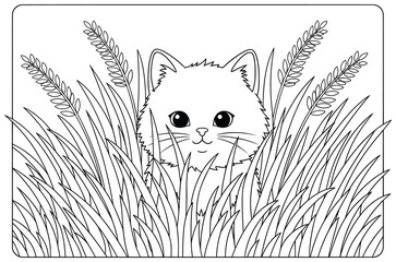Cat illustration of a sweet pet peeking out from tall grass and wheat stalks in nature, created as a charming vector line art artwork perfect for children’s coloring pages and decorative projects