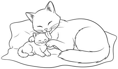 Cat illustration of a mother pet grooming her kitten lovingly on a blanket, created as a sweet and playful vector line art artwork perfect for children’s coloring pages and decorative design projects