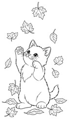 Cat illustration of an adorable pet playing happily with falling autumn leaves, created as a playful and charming vector line art artwork perfect for children’s coloring pages and decorative projects