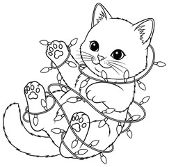Cat illustration of an adorable pet tangled playfully in string lights, created as a festive and charming vector line art artwork perfect for children’s coloring pages and decorative holiday projects
