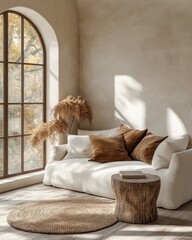 Corner sofa with pillows against arched window. Boho ethnic home interior design of modern living room, Generative AI