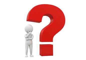 3d white stick figure pondering a large red question mark isolated on transparent background
