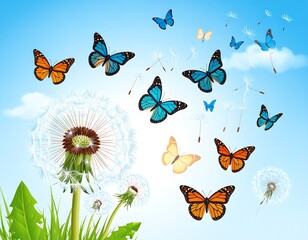 Whimsical Flight: Dandelions and Butterflies on a Bright Sky Background