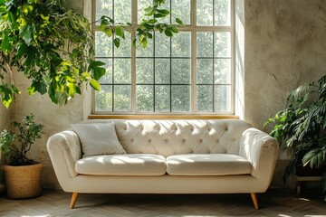 Beige sofa against grid window near stucco wall. Boho minimalist home interior design of modern living room, Generative AI